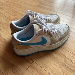 Nike Air Platform White and Tan Sneakers with Blue Accents